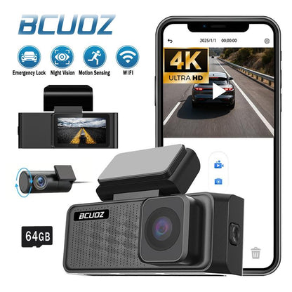 4K Dual Dash Camera for Cars with 64GB SD Card, Wifi & App Control, Night Vision, Parking Mode, G-Sensor, Loop Recording.