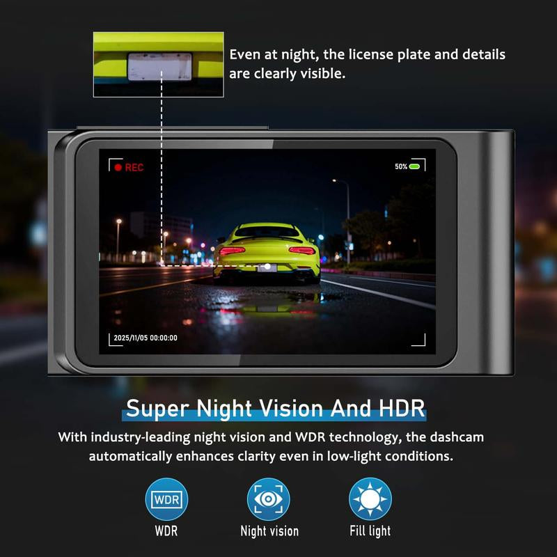 4K Dual Dash Camera for Cars with 64GB SD Card, Wifi & App Control, Night Vision, Parking Mode, G-Sensor, Loop Recording.