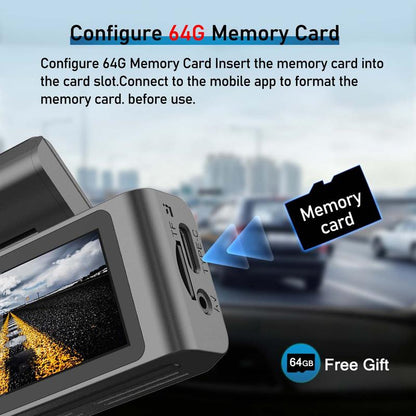 4K Dual Dash Camera for Cars with 64GB SD Card, Wifi & App Control, Night Vision, Parking Mode, G-Sensor, Loop Recording.