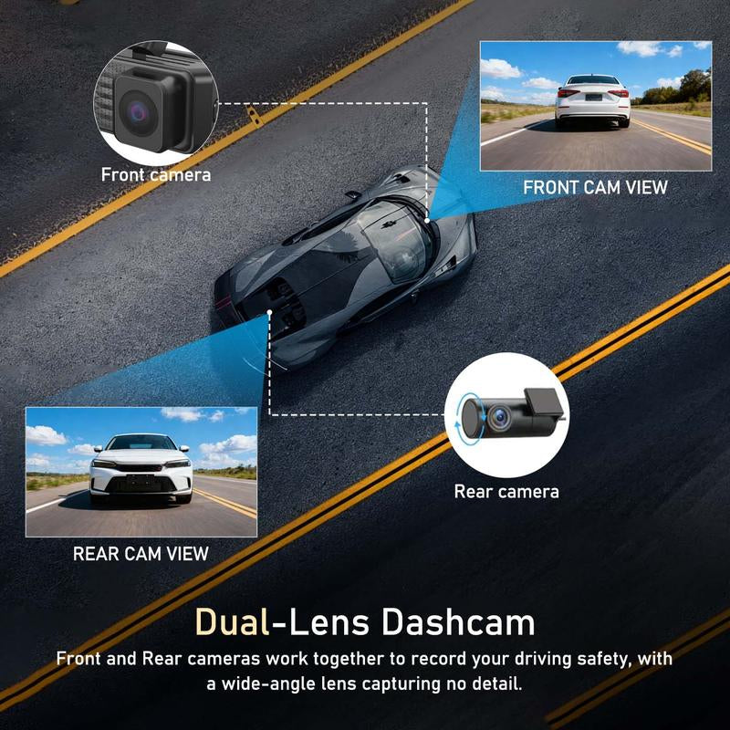 4K Dual Dash Camera for Cars with 64GB SD Card, Wifi & App Control, Night Vision, Parking Mode, G-Sensor, Loop Recording.